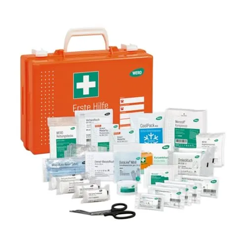 Erste Hilfe Koffer WERO mit DIN 13157 Füllung - Erste-Hilfe-Set für Haushalt & Arbeitsplatz, staub- und spritzwassergeschützt mit bruchsicherem ABS-Kunststoff und praktischer Wandhalterung für einfachen Zugriff.