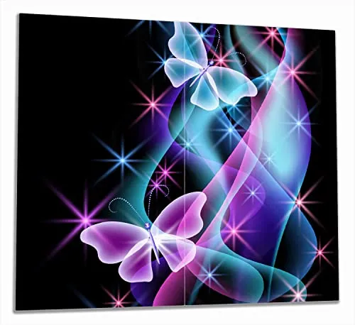 Wallario Herdabdeckplatte/Spritzschutz aus Glas, 2-teilig, 60x52cm, für Ceran- und Induktionsherde, Schmetterlinge in bunten, strahlenden Farben