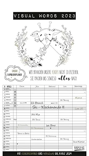 Visual Words Familienplaner 2023: Familienplaner mit 5 breiten Spalten. Typo-Art Familienkalender mit Ferienterminen, Zusatzspalte, Vorschau bis März 2024 und vielem mehr.
