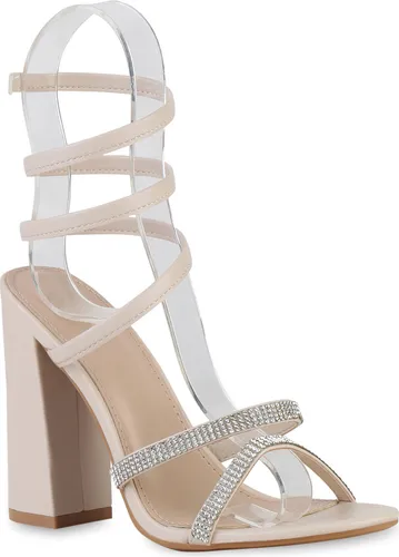 VAN HILL Damen High Heels Sandaletten Party Strass Schuhe 840159, Farbe: Beige, Größe: 37