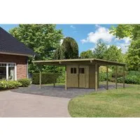 Karibu Doppelcarport Eco 2 mit integriertem Abstellraum - Carport für 2 Fahrzeuge mit robustem Nadelholz und wetterfestem PVC-Dach, idealer Schutz vor Witterungseinflüssen und zusätzlichem Stauraum.