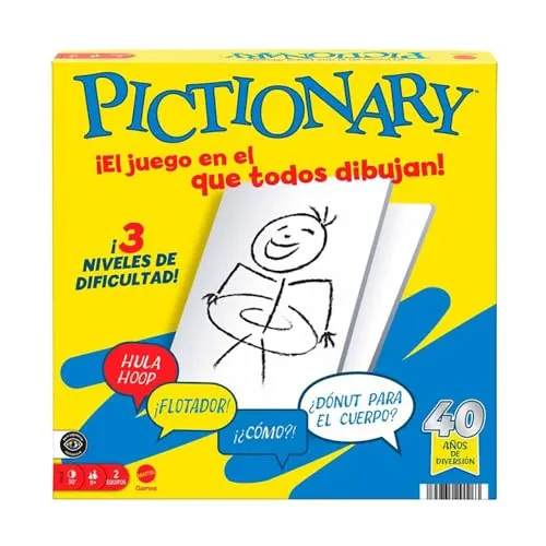 Mattel Games Pictionary Familienbrettspiel für Jungen und Mädchen, Erwachsene und Spielabende, für Zwei Teams mit löschbarem Tintenmarker, Tafeln und Sanduhr, JDY00