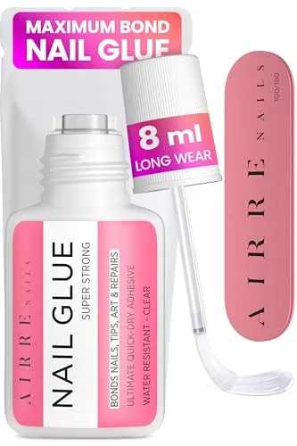 Super starker Nagelkleber für Acrylnägel, Nagelspitzen & Aufdrücknägel (8ml) AIRRE Nagelkleber zum Aufpinseln & Feile zum Aufkleben von Kunstnägeln, Reparatur kaputter Nägel. Nagel mit Acrylkleber