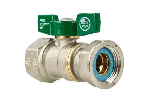 Giacomini Kugelhahn R251W mit Überwurfmutter 3/4 Zoll - Hochwertiger Messing-Kugelhahn für Trinkwasserinstallationen, DVGW geprüft. Mit grünem Flügelgriff und robustem Innengewinde, ideal für vielseitige Anwendungen in der Installation.