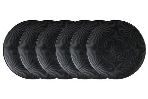 Home4You Dessertteller 6er Set, Schwarz, Ø 23 cm, Steingut, mit linienförmiger Reliefprägung