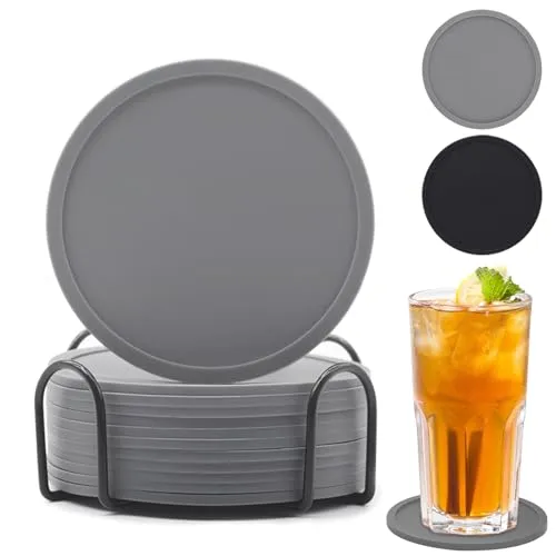 Untersetzer Gläser, 12er Set Silikon Glasuntersetzer rutschfest und Isoliert Glas Untersetzer-Set, Rund Glasuntersetzer Grau mit Halter, für Getränke, Bar, Tassen, Glas – Tischuntersetzer