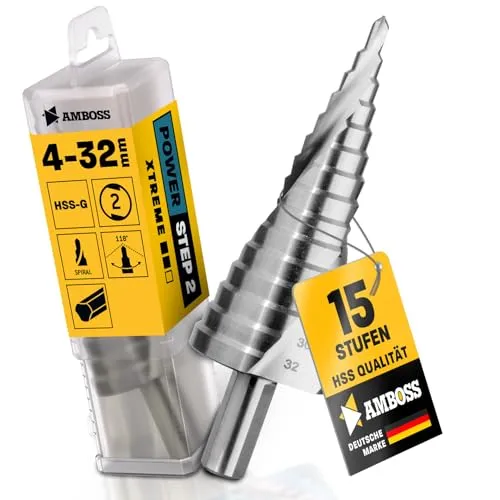 Stufenbohrer Ø 4-32 mm / 15 Stufen Konusbohrer / 10 mm Schaft/Profi Metallbohrer Kegelbohrer HSS/Amboss PowerStep 2 / Lochbohrer geeignet für Stahl, Aluminium, Kunststoff, Acrylglas
