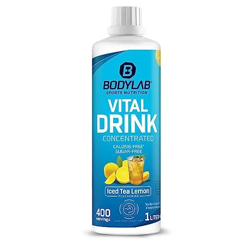 Bodylab24 Vital Drink Concentrated Eistee-Zitrone 1000ml, Getränkekonzentrat zuckerfrei, Zero Sirup, mit Vitaminen und L-Carnitin, Sportgetränk mit wenig Kalorien