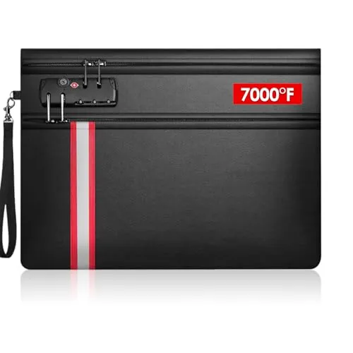 Feuerfeste Dokumententasche 7000℉, mit TSA007 Zahlenschloss – A4 Format 36×26 cm, Doppelte Reißverschlüsse, Wasserdichte Sicherheitsmappe für Geld, Reisepass & Karten