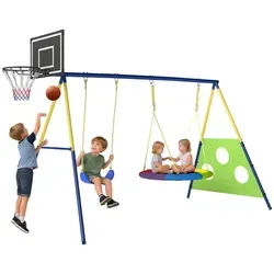 4-in-1 Schaukelgestell mit Nestschaukel, Basketballkorb & Fußballtor