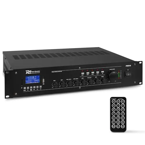 Power Dynamics PRM240 PA Endstufe - Verstärker für Lautsprecher und Musikanlagen, 100 Volt System, 240 Watt PA Verstärker, Bluetooth, MP3-Player, USB, SD, 2x Mic, Soundverstärker