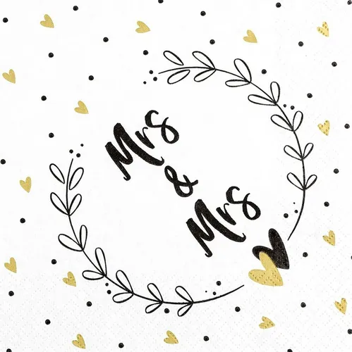 20xLunch Servietten 33x33 cm 3-lagig Hochzeit Frauen Mrs & Mrs weiß gold schwarz