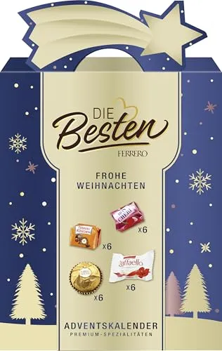 Die Besten Adventskalender von Ferrero – 251g Genuss mit Rocher & Raffaello - Süßwaren Adventskalender mit Ferrero Rocher, Küsschen, Raffaello und Mon Cheri. Stilvolles blau-goldenes Design, ideal für eine süße Vorweihnachtszeit!