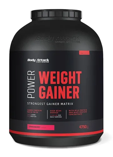 Body Attack Power Weight Gainer 4750g Erdbeere - Hochwertige Sportnahrung - Sportnahrung für Muskelaufbau: Body Attack Power Weight Gainer mit 70% Maltodextrin, Proteinmischung und essentiellen Aminosäuren in leckerer Erdbeer-Variante.