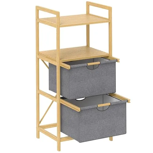 HOMCOM Wäschekorb mit 2 Stoffkörben - Wäschebox aus Bambus mit offenen Ablagen, ideal für Badezimmer und vielseitig einsetzbar.