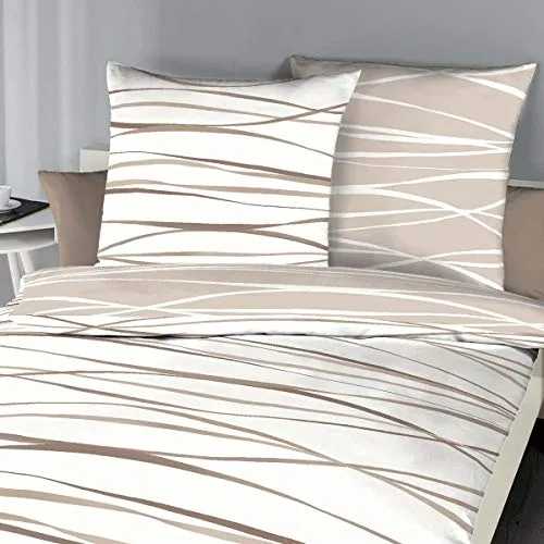 G BETTWARENSHOP kuschelig weiche, Moderne Biber Bettwäsche Motion Natur aus 100% Baumwolle mit Reißverschluss 140x200 cm + 70x90 cm