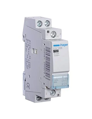 Hager ESC226 Schütz 25A, 2Ö, 230V - Reiheneinbaugerät für effiziente Steuerung von elektrischen Lasten, kompakte Bauweise mit Kontaktstellungsanzeige und Beschriftungsfeld für einfache Installation.