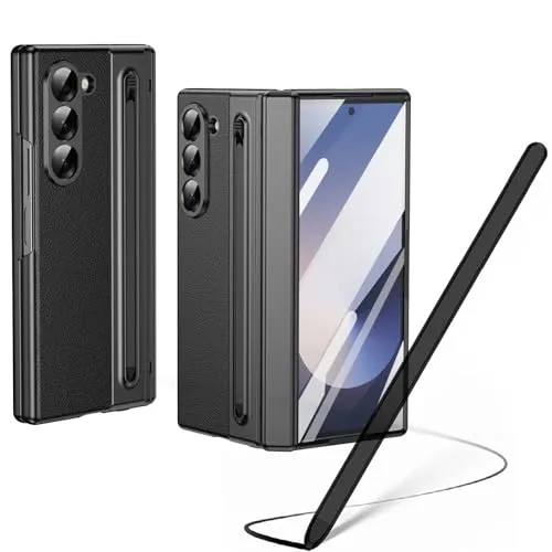 Hülle für Galaxy Z Fold6 mit Stylus Pen, Z Fold 6 Cover mit Displayschutzfolie vorne + S Pen-Steckplatz, Lederhülle für Samsung Galaxy Z Fold6 mit Scharnierschutz-Schwarz