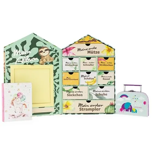 Baby Erinnerungsbox Schatztruhe Erinnerungen mit 10 Fächern,Erinnerungen Meilenstein Box – Erinnerungsbox für Geburt und Taufe – Süße Baby, Windeltorten (Hellblau-Tasche, Einheitsgröße, 1, stück)