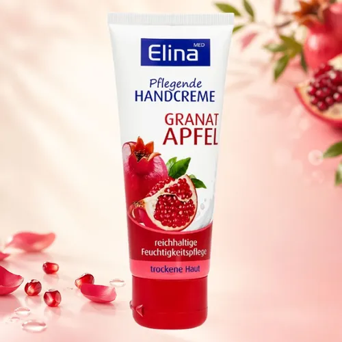 Elina Granatapfel Handcreme 75ml - Hochwertige Handcreme mit Granatapfel-Duft, ideal für trockene Haut. Die reichhaltige Formel sorgt für intensive Feuchtigkeit und ist perfekt für die tägliche Pflege.