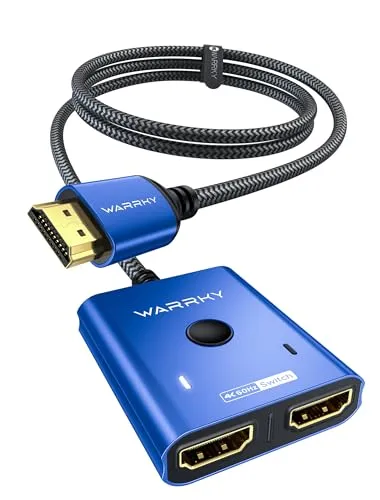 HDMI Switch 4K @ 60Hz, WARRKY HDMI Splitter 2 in 1 Out (1 Display at Time) 3.3 ft Braided Cable, Aluminium Housing, HDCP 2.2 2 to 1 Switcher Supports UHD for PS5/4 - Blue