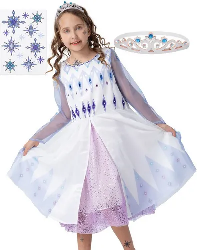 Corimori Prinzessin-Kostüm Eiskönigin Kleid für Elsa Fans, Set für Kinder, Prinzessinenkleid für Fasching, Karneval hellblau-weiß, Größe 128/134