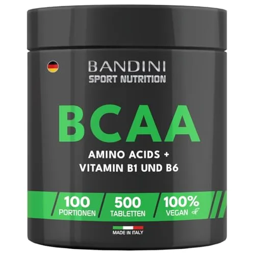 Bandini® BCAA 500 Tabletten + Vitamin B1 & B6 | Verzweigtkettige Aminosäuren Komplex hochdosiert mit 1000mg pro Tablette | Leucin, Isoleucin, Valin | Vor und nach dem Training | 100-Tage-Vorrat