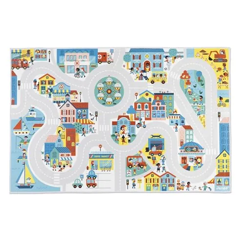 Janod - Teppich Kinderauto - Thema Stadt - Weich & rutschfest - Stadtmotiv - Spielteppich Mädchen- & Jungenzimmer - 120 x 78cm - Handwaschbar - Ab 2 Jahre - J05910, Bunt