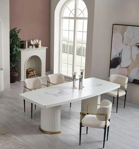 Esstisch Luxus Esszimmertisch Modern Holz Weiß - Tisch für bis zu 8 Personen, ideal für gesellige Abende. Robuster Säulenfuß und modernes Design machen ihn zum Highlight in jedem Esszimmer.