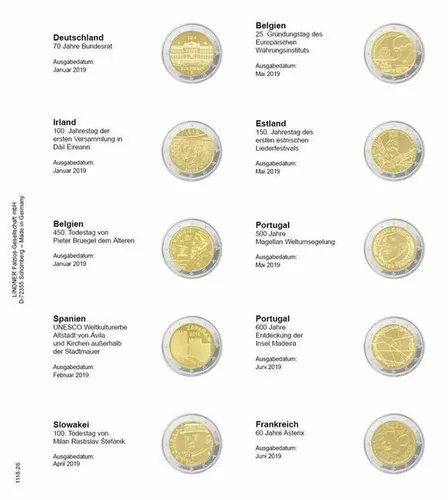 Lindner 1118-26 Vordruckblatt für 2 Euro-Gedenkmünzen: Deutschland 2019 bis Fran