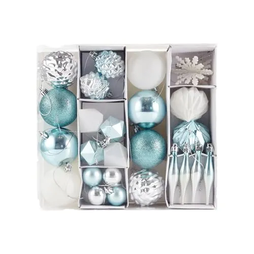 HEITMANN DECO 29er Set Christbaumkugeln Sortiment - Weihnachtsschmuck zum Aufhängen - Kunststoff Christbaumschmuck türkis weiß Silber