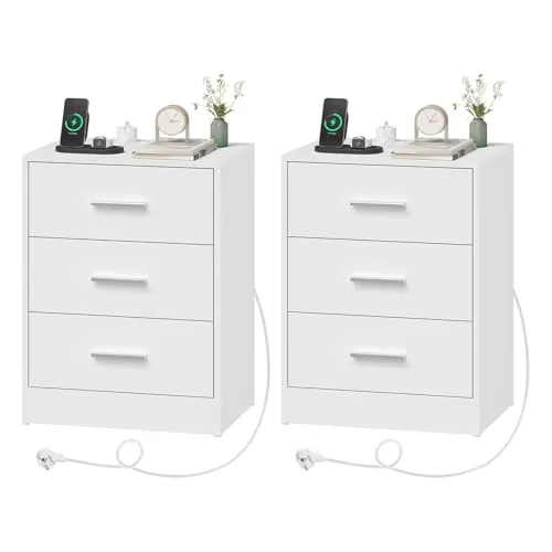 WOLTU Nachttisch 2er Set mit Ladefunktion – Modern Weiß