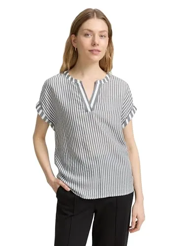 Shirtbluse TOM TAILOR Damen, navy weiß gestreift - Moderne Damen-Bluse von TOM TAILOR mit casual loose fit und Po-bedeckendem Schnitt. Aus 100% Viskose, atmungsaktiv und pflegeleicht – ideal für entspannte Looks.