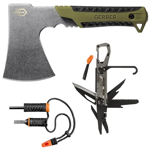 Gerber Camp Kit, Pack Hatchet Campingaxt, Stakeout Multitool und Feuerstarter