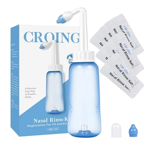 CROING 𝑵𝒂𝒔𝒆𝒏𝒔𝒑ü𝒍𝒖𝒏𝒈 -120 x Salz +1 x Nasendusche Flasche (300 ml)- Neti Pot, Nasenspülung, Nasenreinigung Nase Spülen,Nasal Rinse