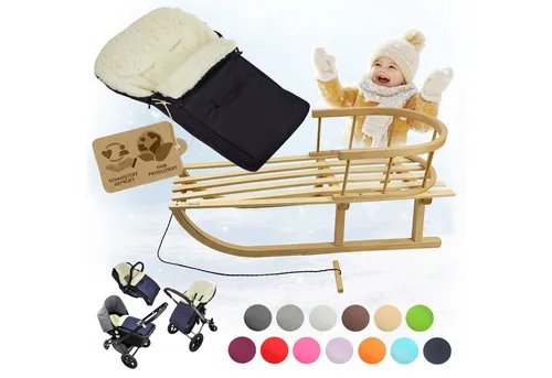 BambiniWelt by Rafael K. Schlitten CE-HOLZSCHLITTEN mit Rückenlehne Zugleine + WINTERFUßSACK Wolle 90cm, Kombi-Angebot