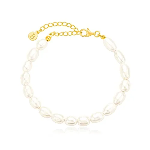 Brandlinger Perlenarmband Damen Silber 925. Armband Perlen vergoldet mit 18 Karat Gold, Schmuck für Frauen und Mädchen. Länge verstellbar 16-20cm. (Große Perlen)