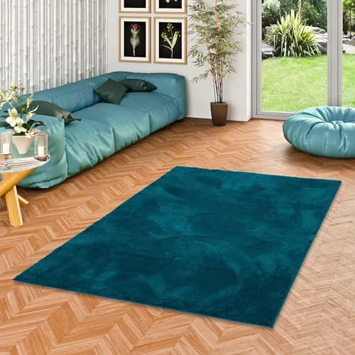 Luxus Super Soft Hochflor Teppich Silky Petrol - Teppich mit 30 mm Gesamthöhe, rutschfestem Rücken und geeignet für Fußbodenheizung – für ein flauschiges und elegantes Wohnambiente.
