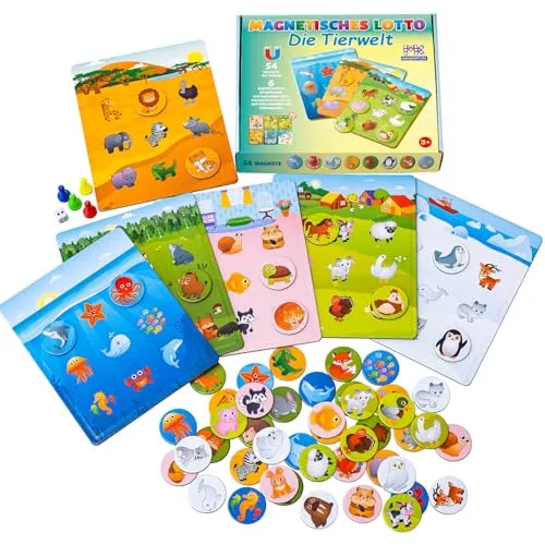 MAGNIKON Magnetisches Lotto Tiere, Bingo Spiel für Kinder ab 3 Jahren, Lotto Memory Spiel, 54 Magnete, 6 Doppelseitige Spielfelder, Bilderlotto Autos, Lernspiel ab 3 Jahre