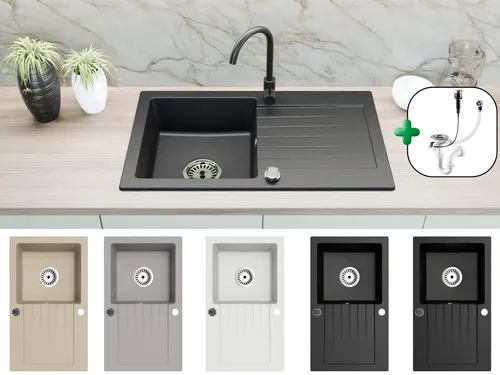 Faizee Home Granitspüle Faizee Home Granitspüle Alisha/Element – Spülbecken mit Abtropffläche, 75x43,5 cm (Alisha), (Einzelspüle, Granitspüle mit Siphon-Set), Reversibel montierbare Granitspüle mit Abtropffläche