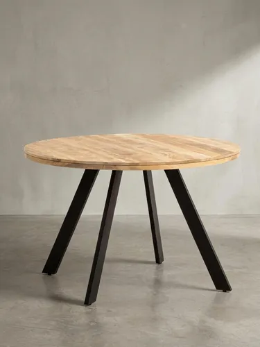 Moderner Esszimmertisch aus Mango Massivholz 120x120 cm - Esstisch aus massivem Mango-Holz mit Metallbeinen, handgefertigt und einzigartig. Ideal für bis zu vier Personen, schützt Anti-Rutsch-Noppen den Boden.