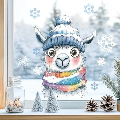 Sunnywall Fensterbilder Winter für Kinder Tiermotive in Winterszene als statisch haftende Fenstersticker, WIEDERVERWENDBAR (Alpaka, A4 Bogen)