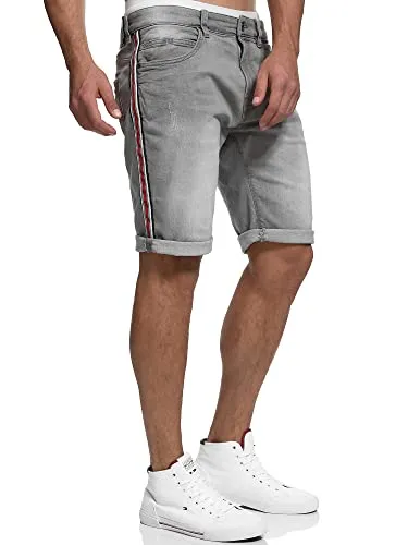Indicode Herren Fife Jeans Shorts mit 5 Taschen | Used Look in Lt Grey, XL - Modische Herrenshorts mit sportiven Streifen-Tapes und hohem Tragekomfort dank hochwertiger Baumwollmischung. Ideal für lässige Freizeitlooks!