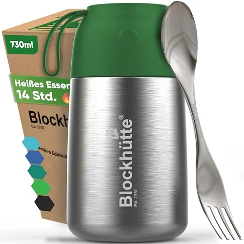 Blockhütte Edelstahl Warmhaltebehälter Essen To Go I 730 ml I Auslaufsichere Thermoskanne für Essen – Thermodosen zum Warmhalten mit Göffel – Wärmebehälter, Thermo Behälter Essen - Dunkelgrün