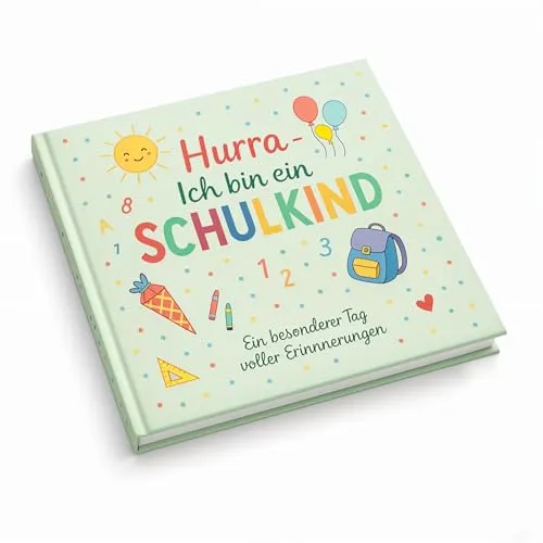 itenga Gästebuch Tafel für Erster Schultag Einschulung und Schulanfang Erinnerung Album 88 Seiten für Mädchen und Jungen (Motiv Hurra ich bin ein Schulkind)