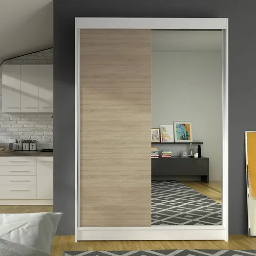MIRJAN24 Schiebetürenschrank Lino I mit Spiegel - Schwebetürenschrank in Weiß/Sonoma Eiche, modern mit Aluminiumgriffen und geräumigen Einlegeplatten, ideal für stilvolle Aufbewahrung.