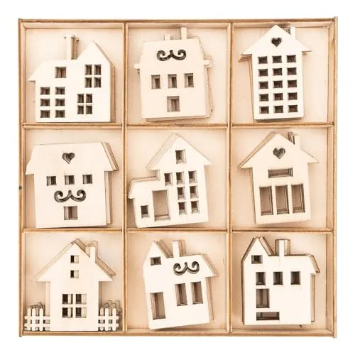 Ideen mit Herz Streu-Deko aus Holz | Holz-Motive | Häuser 2 | Tisch-Deko | Inklusive Holz-Box | 9 versch. Designs, je 7 Stück | 63-teilig