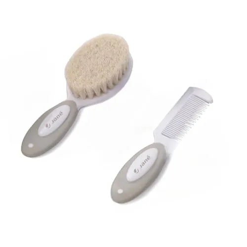 Jané Baby Bürste und Kamm Set, Naturborsten, Abgerundete Spitzen, Geeignet ab Geburt, Beige
