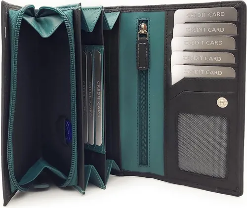 Jockey Club echt Leder Damen Geldbörse Portemonnaie RFID Schutz schwarz petrol