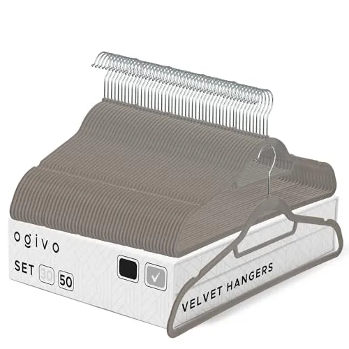 OGIVO Samt Kleiderbügel - 50er Set - rutschfest Bügel für Ihren Garderobe - kleine Stange für Krawatten - Haken um 360° drehbar - Einkerbungen im Schulterbereich - Hangers Clothes (Grau)